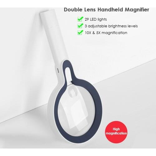 Double Lens Magnifier 10X & 5X Handheld Magnifier Magnifying Glass Lens Large Diameter 3 Brightness Levels for Reading Repair