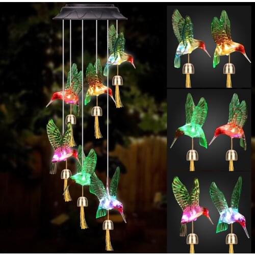 Solar Power Wind Chime Crystal Ball Hummingbird Butterfly Waterproof Outdoor Windchime Solar Light For Garden Hanging Decor