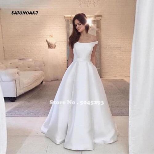 Vintage Boat Neck Wedding Dress 2020 Princess A-Line Vestido De Noiva Simple Satin Full Length Bridal Gown Online Shop Undefined