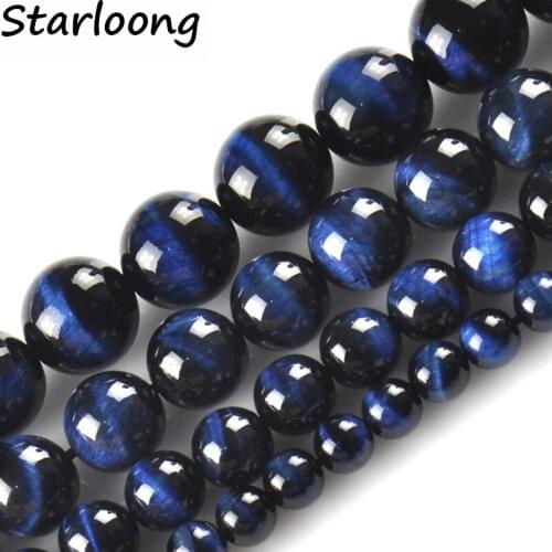 Natural Stone Blue Tiger Eye Stone Round Smooth Loose Strand Beads Pick Size 15" 6/8/10/12mm for Jewelry Making Bracelet Diy