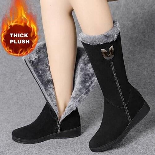 Winter Snow Boots Women Plus Velvet Padded Mid-Calf Boots Non-slip Warm Shoes Flat Bottom Side Zipper Boots Female Winter Shoes