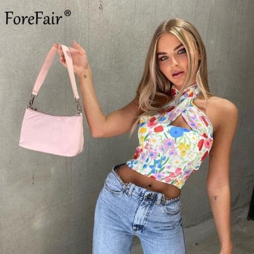 Forefair Floral Print Halter Neck Crop Top Women Casual Off Shoulder Backless Mesh Summer Beach Tank Tops Party Sexy 2021