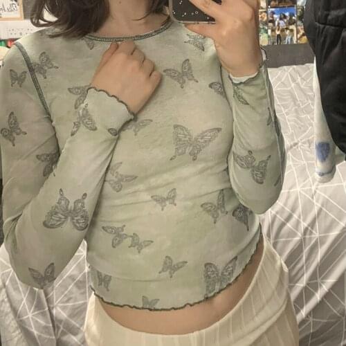 Fairy Butterfly T-shirt Y2K Aesthetic Autumn Long Sleeve Frill Crop Top Pullovers Women Causal Tee Female Spring Streetwear