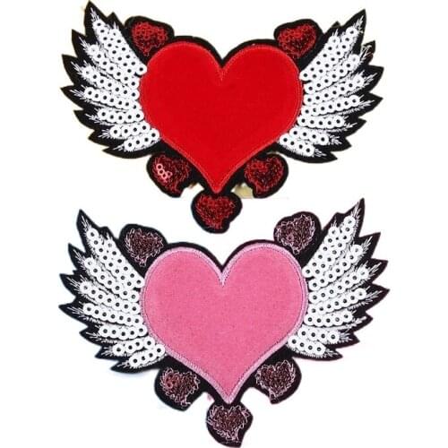 20pcs/lot Large Sequins Embroidery Patch Love Heart Wing Clothing Decoration Sewing Accessories Diy Iron Heat Transfer Applique