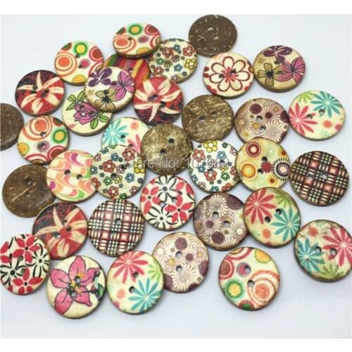 200pcs/lot 20mm Retro Brown Round Coconut Shell Button Painted Flowers Coconut Buttons Sewing 2 Holes For Scrapbooking