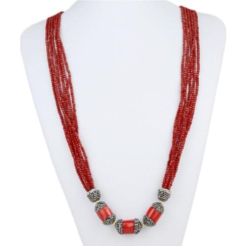 34 inch Long 6 Rows Red Coral Beads Necklace Crystal Pendant Collar Bibs Boho Statement Choker for Women Fashion Jewelry Gifts