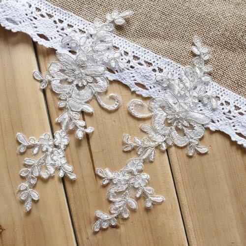 4Pcs/lot 21X8cm White with Silver Delicate Wedding Veil Head Ornaments Lace Flower Patch Dress DIY Lace Accessories