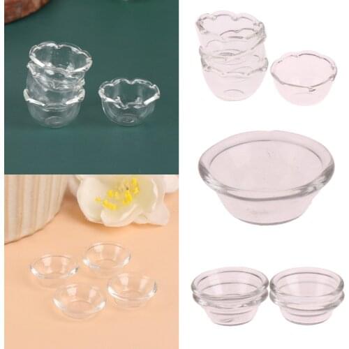 4Pcs 1:12 Dollhouse Miniature Glass Fruit Bowl Salad Bowl Glass Dish Tableware Mini Soup Plate Kitchen Accessories