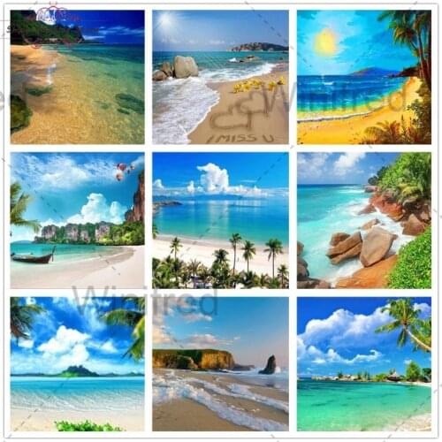 Full Diamond Painting Mosaic Beach Landscape DIY 5D Diamond Painting Sun Sea Coconut Tree Diamond Embroidery Cross Stitch Kit