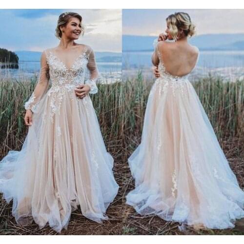 Champagne Bohemian Wedding Dresses 2020 New Garden Beach Boho Bridal Gowns Sexy Backless Long Sleeve Appliques vestidos de noiva
