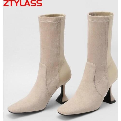 Black Brown Fashion Stretch Boots Seude Women Boots Spring Autumn Wine Glass High Heel Ankle Boots Slip On Bootied Woman Shoes