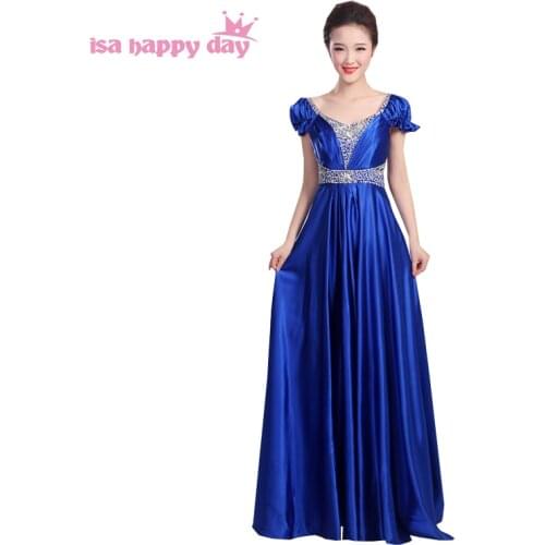 Long formal elegant royal blue red satin floor length prom dresses 2020 plus size with beads on top dress v-neck women H3148
