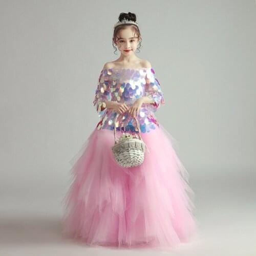 Flower Girl Dresses Illusion Boat-Neck Sequined Off The Shoulder Princess Floor-Length Tulle Three Quarter Kids Party Gown H396
