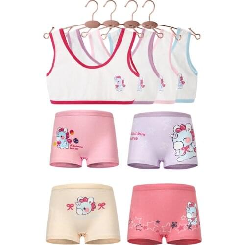 4 Pcs Pure Cotton Children Underwear Set Girls Pink Panties Vest Bra Tank Kids Crop Tops Boxer Brief Child Girl Pants 2-12 Years
