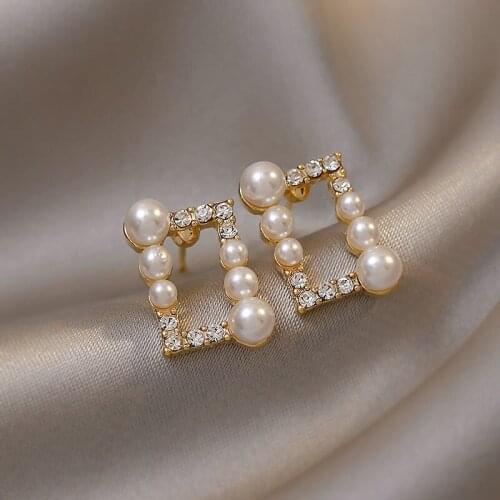Korean Fashion Shiny Rhinestones Simulated Pearl Dangle Earrings Square Earrings for Ladies Party Girl Friend Gifts Jewelry