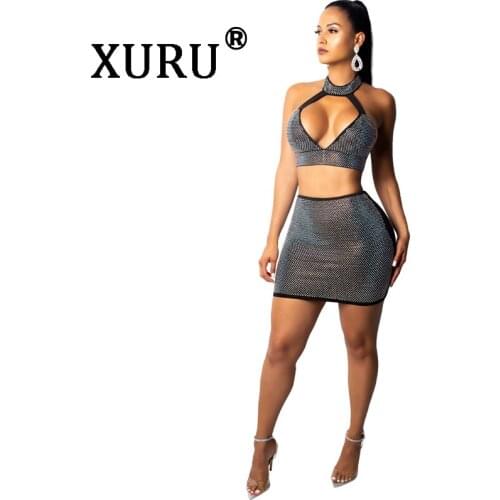 XURU Summer Sexy Diamond Dress Two-Piece Deep V-neck Wrapped Halter Dress Club Party Dress