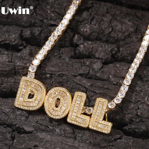 Uiwn Custom Small Baguette Letters Back Clasp Pendant Necklace Combination Words Name With CZ Tennis Necklaces Hiphop Jewelry