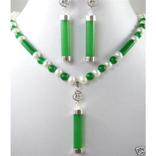 True white cultured pearl Green jades Earring Necklace color Fashion Free shipping