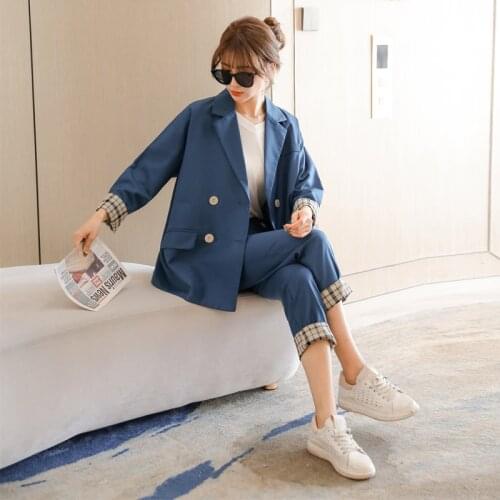 2021 spring new stitching fold-over sleeve classic suit collar loose suit two-piece suit fashion ensemble femme deux pieces