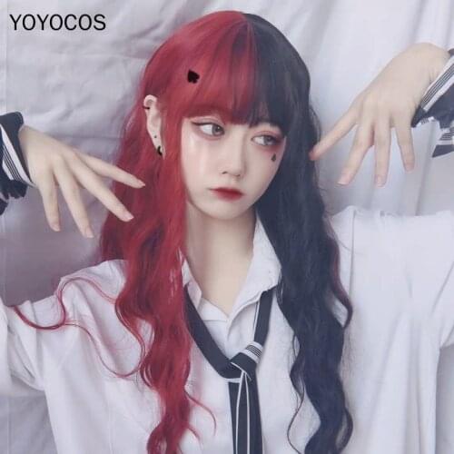 YOYOCOS Lolita Red Black Long Straight Hair Bangs Daily Wig 75CM Anime Cosplay Party Festival Wig Heat Resistant Sythentic Hair