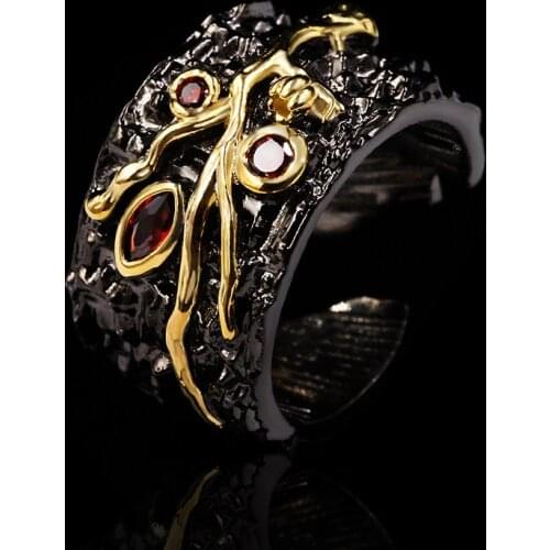 Exaggerated Women Vintage Branch Ring Luxury Black Gold Ruby Inlay Opening Ceremony Adjustable Wedding Evening Jewelry