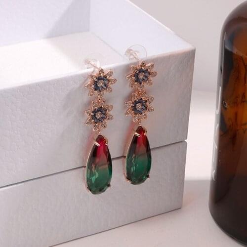 Exaggerated Flower Water Drop Micro Inlaid Zircon drop Earrings Gradient Color Jewelry