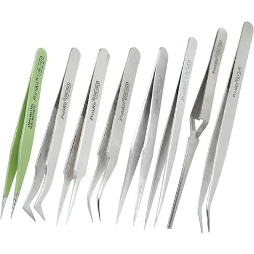 ProsKit Stainless Steel Tips Curved Insulation Anti-Magnetic Tweezers Anti-Static Precision Jig Soldering Station Hand Tools