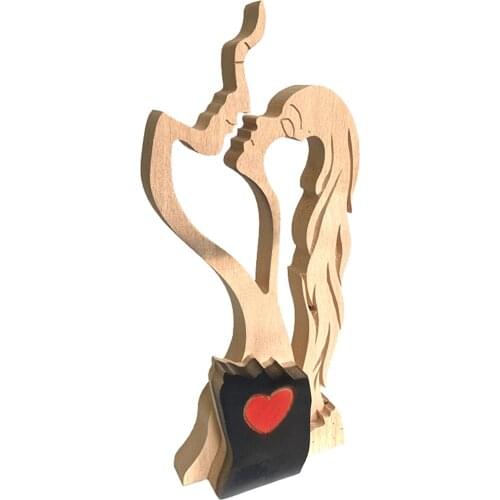 Carved Wooden Sculpture Kissing Lover Couple Figurine Romantic Modern Statue
