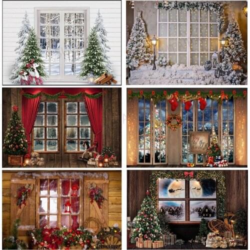 Merry Christmas Backdrop for Photography Winter Wood Window Xmas Tree Garland Decor Child Portrait Photo Studio Background Vinyl