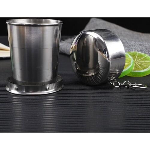 Outdoor Folding Cup Stainless Steel Camping Cups Portable Travel Creative Compression Cup Picnic Tool With Cover And Key Chain