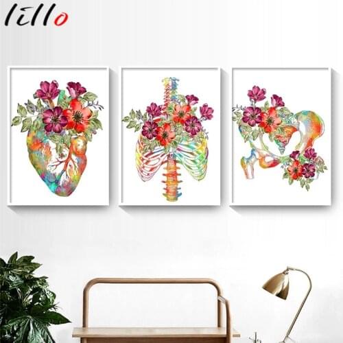Modern decor painting on canvas anatomy medical art floral organs heart lung poster print student education hospital pictures