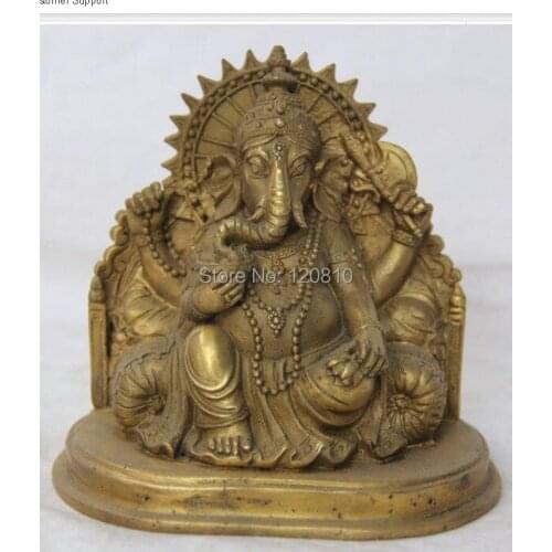 4" Tibet Brass Seat Four Hand Elephant Konk Jambhala Buddha Wealth God Statue