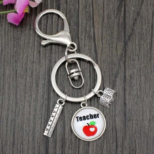 Teacher Teach Love Inspire Keychain Apple Book Ruler Keychains Key Chain Key Ring Women Men Male Unisex Keyring Jewelry Gifts
