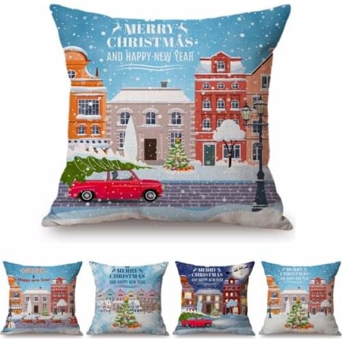 Merry Christmas Letter Print Cartoon Decorative Pillow Case For Sofa Cotton Linen Snow Cover Christmas Tree Art Cushion Cover