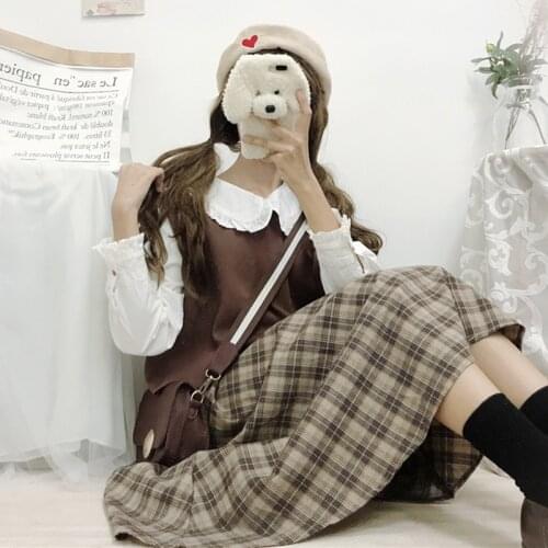 Japanese loli Doll Collar Long-Sleeved Shirt + Waistcoat + Plaid Skirt fairy dress tea party lolita dress sweet lolita doll