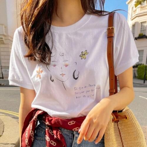 White Short-sleeved T-shirt for Women 2021 Summer Design Personality Sketch Print Round Collar Versatile Loose Base Top