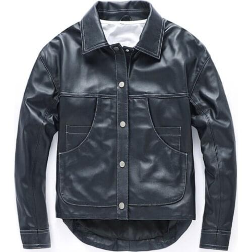 New Irregular Design Women Genuine Oversize Style Black Real Leather Jackets Big Pockets Loose Spring Sheepskin Coats