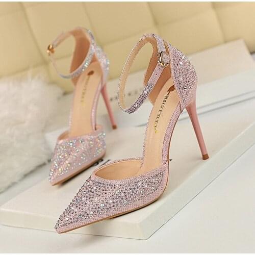 Women Elegant Bling Bling Sparkling Crystal Shallow Wedding Shoes 10CM Thin High Heels Pointed Toe Buckle Party Pumps Shoes