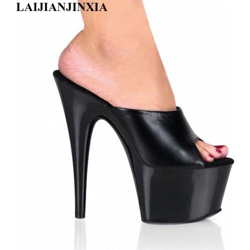 LAIJIANJINXIA New Women Shoes 17CM Square Heel Platform Summer Slippers 7 Inch High Heel Slippers Platform Pole Dancing Shoes
