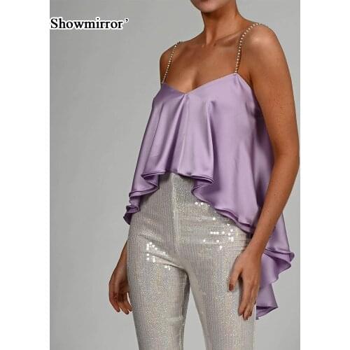 Showmirror Crystal Diamond Satin Shirt Strap Ruffle Crop Top Women V-neck Backless Loose Casual Summer Double Layer Top Lady