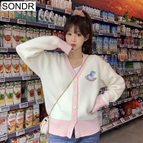 WomenS Cardigan Sweater 2020 Autumn Korean V-Neck Long Sleeve Loose Knitted Sweater Cute Cartoon Embroidery Ladies Sweater Coat