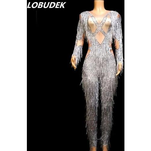 Female Singer Silver Gray Tassels Crystals Jumpsuit Stage Wear Elastic Skinny Leotard Dance Outfit Fashion DS Nightclub Costume