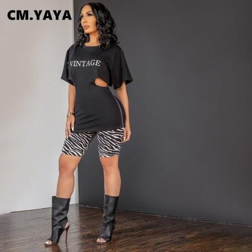 CM.YAYA Women Set Print Short Sleeve Hollow Out Side Zipper Tops Stretchy Skinny Shorts Two 2 Piece Sets Fashion Outfit Summer