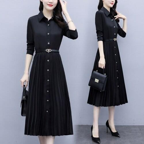 Womens Black Big Shirt Pleated Dress Autumn Long Sleeve Belt Party Cocktail Hight Street Fashion Birthday Office Ladies Dresses