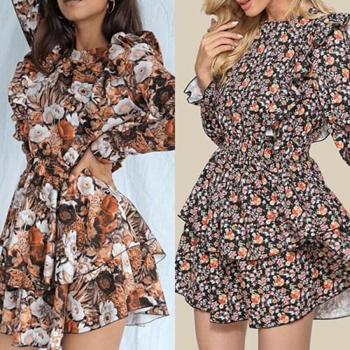 2021 Summer European And American New Round Neck Flying Sleeves Waist Printing Mini Short Character Cake Dresses For Women
