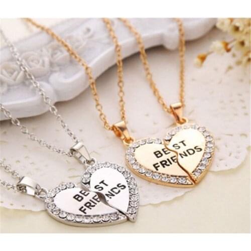 Good Friend Pendant Necklace Best Friend Heart Shape Pendant Necklace Letter Print Rhinestone Gold Sliver 2 Pendants Necklace