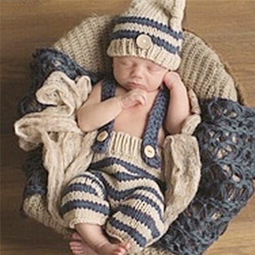 2pcs Set Newborn Photography Props Infant Crochet Knitted Costume Set Elf Button Pants Beanie Hat Caps Baby Striped Soft Outfits
