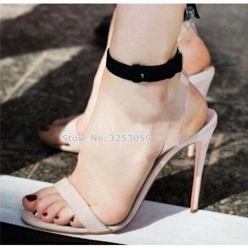 ALMUDENA Young Ladies Elegant Black Beige Suede Patchwork Clear PVC Strap Sandals Stiletto Heels Classic Stage Dress Shoes Size