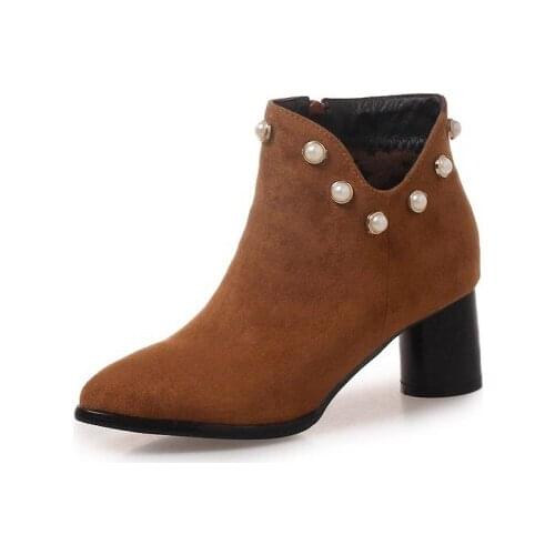 Big Size 11 12 13 14 15 16 Suede round head, thick heel, high heel sleeve, pearl decorative short barrel and ankle boots