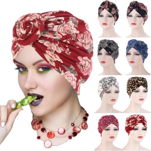 Floral Pattern Spiral Knot Jersey Hijab Muslim Fashion Turban Headband for Women Islamic Headwraps Bonnet Easy Cap Chemo Hats